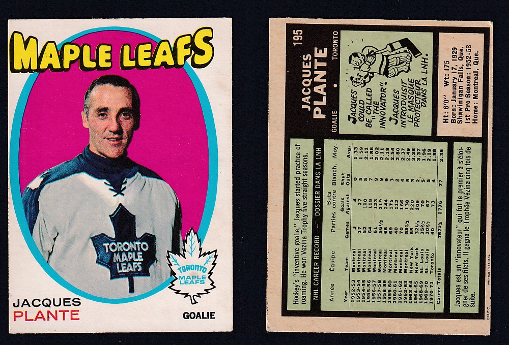 1971-72 O-PEE-CHEE HOCKEY CARD #195 J. PLANTE photo 1971-72 O-PEE-CHEE HOCKEY CARD #195 J. PLANTE photo