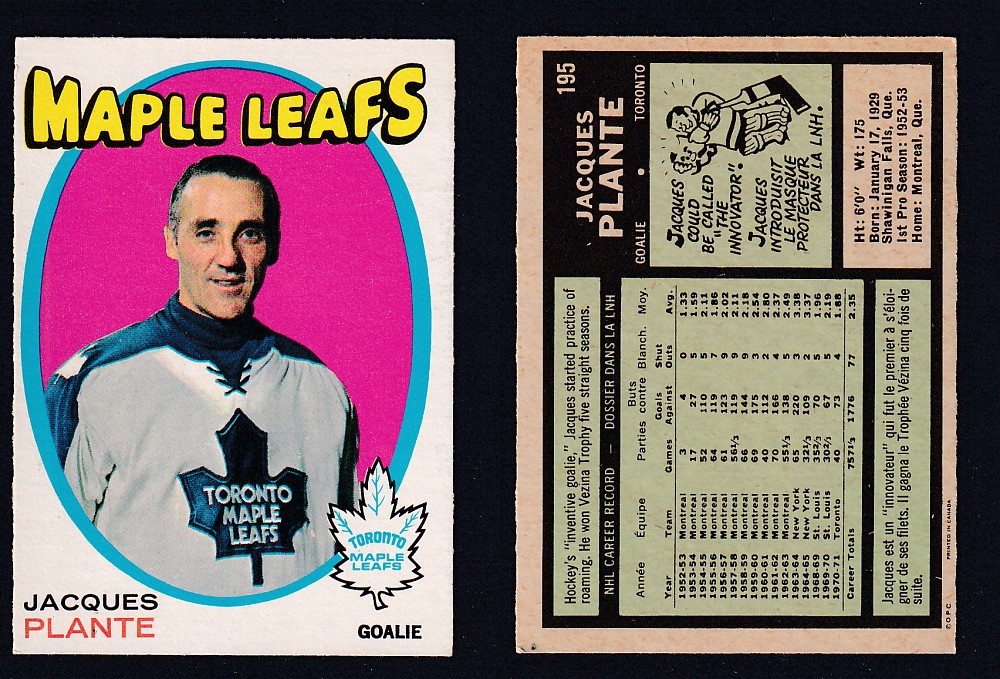 1971-72 O-PEE-CHEE HOCKEY CARD #195 J. PLANTE photo 1971-72 O-PEE-CHEE HOCKEY CARD #195 J. PLANTE photo