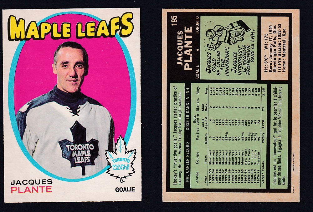 1971-72 O-PEE-CHEE HOCKEY CARD #195 J. PLANTE photo 1971-72 O-PEE-CHEE HOCKEY CARD #195 J. PLANTE photo
