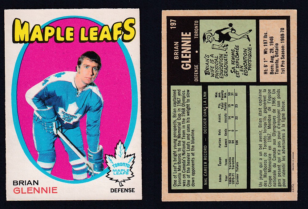 1971-72 O-PEE-CHEE HOCKEY CARD #197 B. GLENNIE photo 1971-72 O-PEE-CHEE HOCKEY CARD #197 B. GLENNIE photo