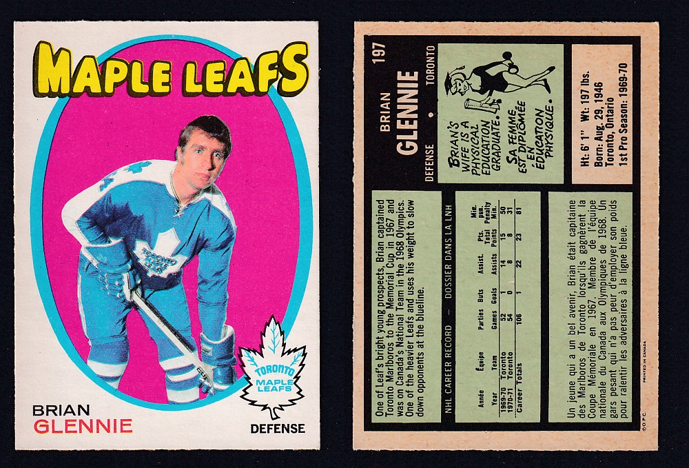 1971-72 O-PEE-CHEE HOCKEY CARD #197 B. GLENNIE photo 1971-72 O-PEE-CHEE HOCKEY CARD #197 B. GLENNIE photo