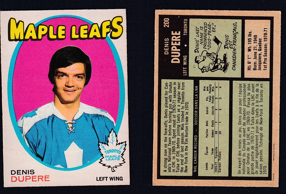 1971-72 O-PEE-CHEE HOCKEY CARD #200 D. DUPERE photo 1971-72 O-PEE-CHEE HOCKEY CARD #200 D. DUPERE photo