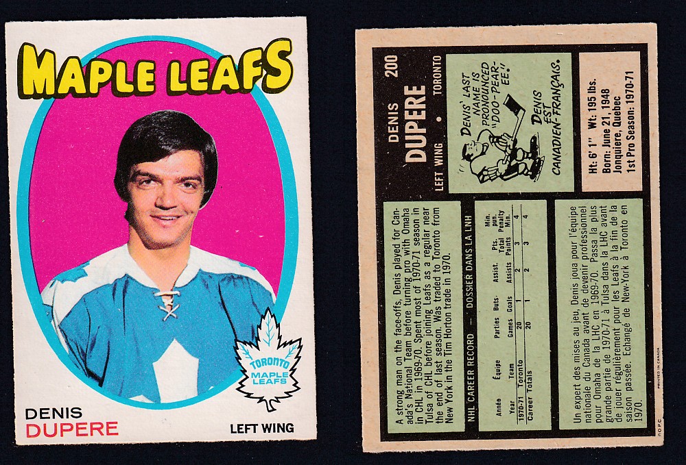 1971-72 O-PEE-CHEE HOCKEY CARD #200 D. DUPERE photo 1971-72 O-PEE-CHEE HOCKEY CARD #200 D. DUPERE photo
