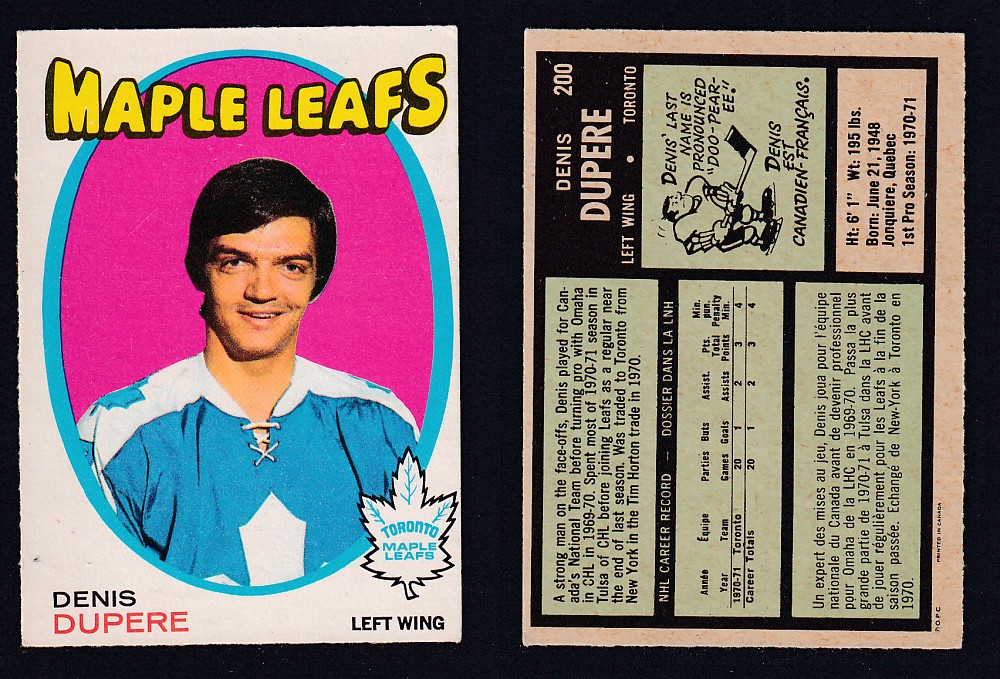 1971-72 O-PEE-CHEE HOCKEY CARD #200 D. DUPERE photo 1971-72 O-PEE-CHEE HOCKEY CARD #200 D. DUPERE photo