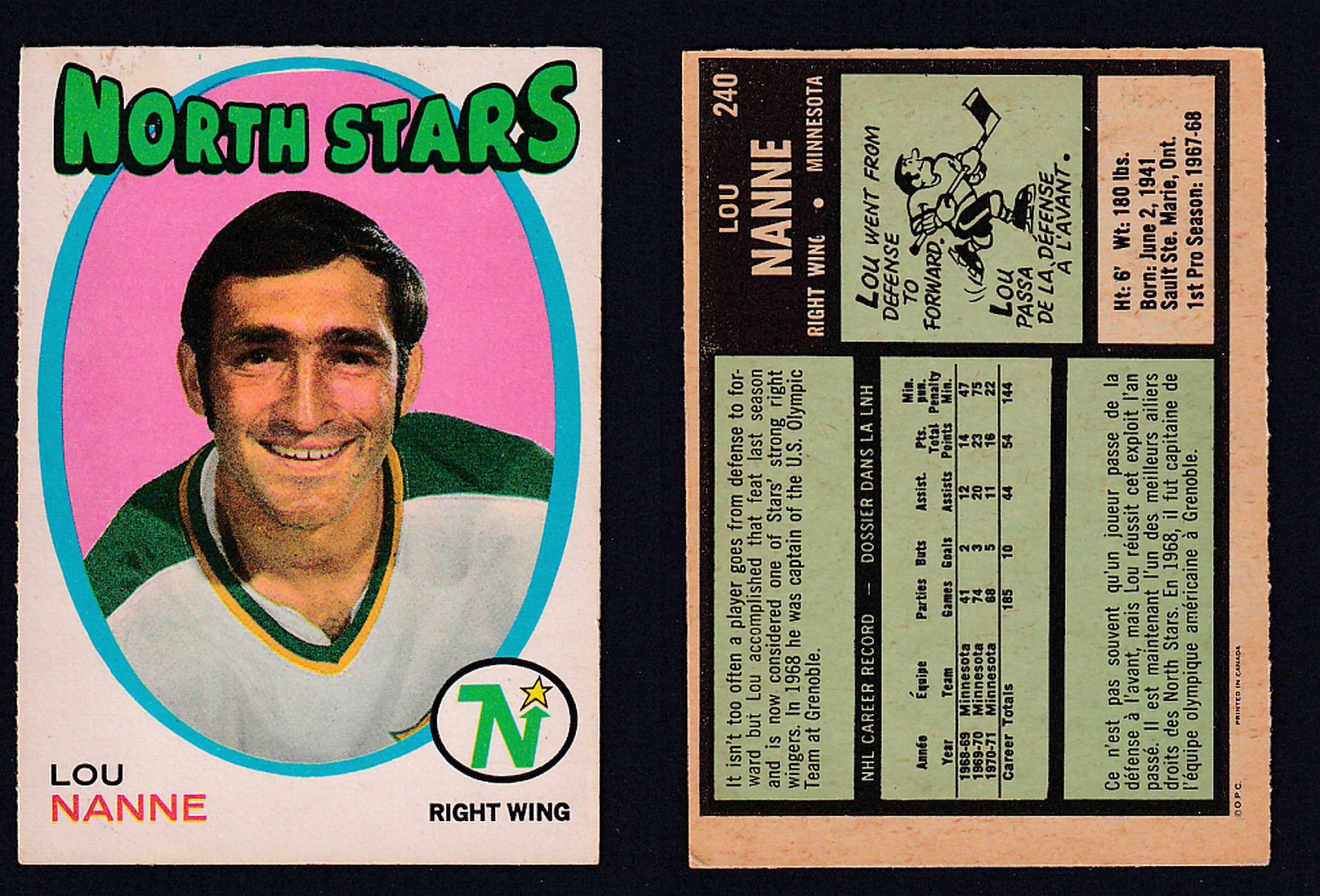 1971-72 O-PEE-CHEE HOCKEY CARD #240 L. NANNE photo 1971-72 O-PEE-CHEE HOCKEY CARD #240 L. NANNE photo