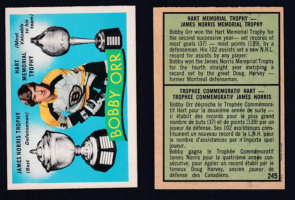 1971-72 O-PEE-CHEE HOCKEY CARD #245 JAMES NORRIS/HART MEMORIAL TROPHY AWARD: BOBBY ORR photo 1971-72 O-PEE-CHEE HOCKEY CARD #245 JAMES NORRIS/HART MEMORIAL TROPHY AWARD: BOBBY ORR photo