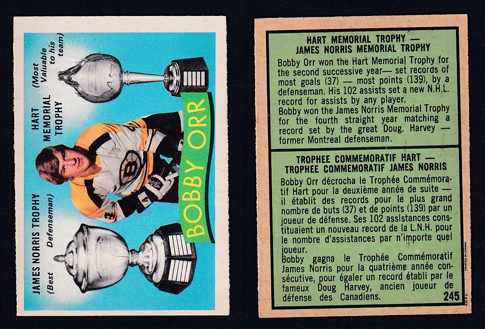 1971-72 O-PEE-CHEE HOCKEY CARD #245 JAMES NORRIS/HART MEMORIAL TROPHY AWARD: BOBBY ORR photo 1971-72 O-PEE-CHEE HOCKEY CARD #245 JAMES NORRIS/HART MEMORIAL TROPHY AWARD: BOBBY ORR photo