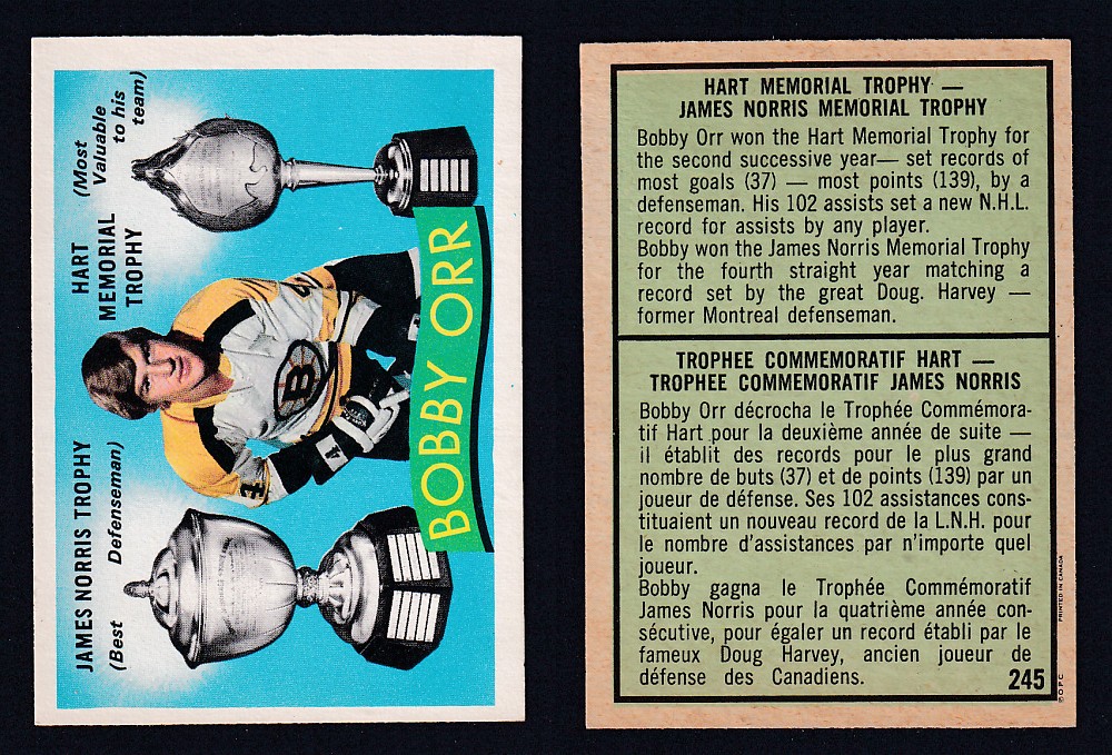 1971-72 O-PEE-CHEE HOCKEY CARD #245 JAMES NORRIS/HART MEMORIAL TROPHY AWARD: BOBBY ORR photo 1971-72 O-PEE-CHEE HOCKEY CARD #245 JAMES NORRIS/HART MEMORIAL TROPHY AWARD: BOBBY ORR photo