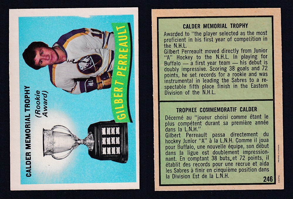 1971-72 O-PEE-CHEE HOCKEY CARD #246 CALDER MEMORIAL TROPHY AWARD: G. PERREAULT photo 1971-72 O-PEE-CHEE HOCKEY CARD #246 CALDER MEMORIAL TROPHY AWARD: G. PERREAULT photo