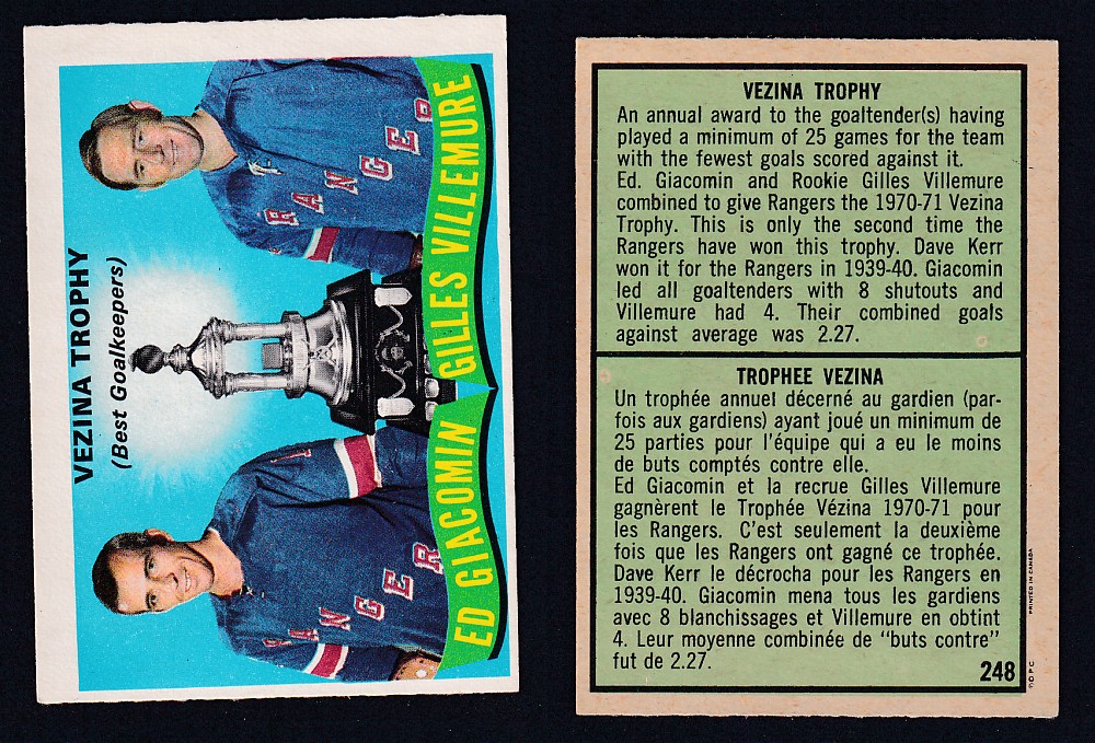 1971-72 O-PEE-CHEE HOCKEY CARD #248 VEZINA TROPHY AWARD: E. GIACOMIN/G. VILLEMURE photo 1971-72 O-PEE-CHEE HOCKEY CARD #248 VEZINA TROPHY AWARD: E. GIACOMIN/G. VILLEMURE photo