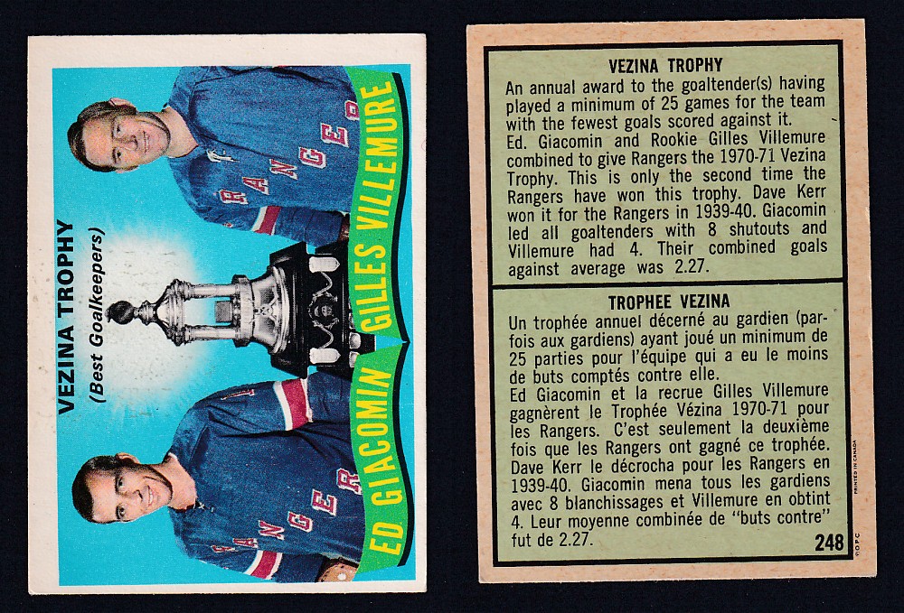 1971-72 O-PEE-CHEE HOCKEY CARD #248 VEZINA TROPHY AWARD: E. GIACOMIN/G. VILLEMURE photo 1971-72 O-PEE-CHEE HOCKEY CARD #248 VEZINA TROPHY AWARD: E. GIACOMIN/G. VILLEMURE photo