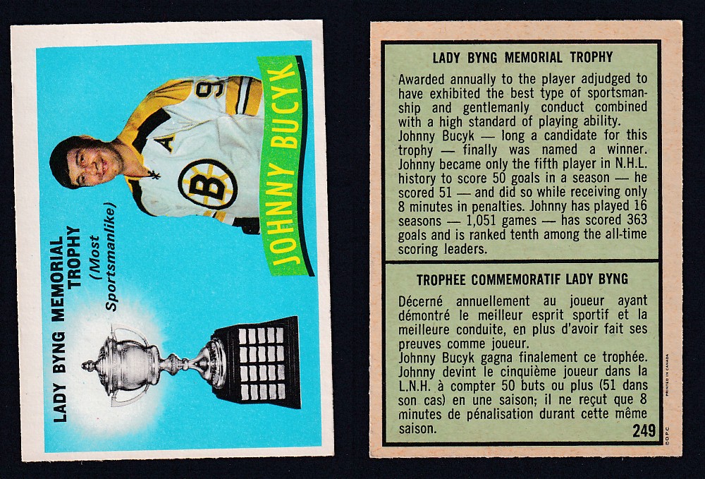 1971-72 O-PEE-CHEE HOCKEY CARD #249 LADY BYNG MEMORIAL TROPHY AWARD: J. BUCYK photo 1971-72 O-PEE-CHEE HOCKEY CARD #249 LADY BYNG MEMORIAL TROPHY AWARD: J. BUCYK photo
