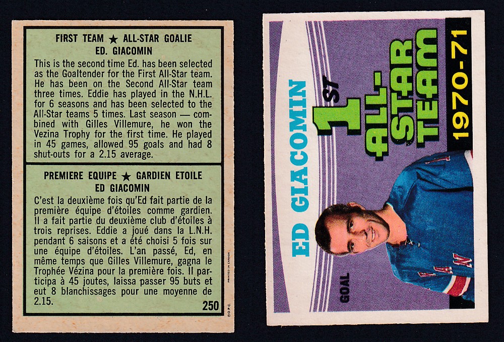 1971-72 O-PEE-CHEE HOCKEY CARD #250 FIRST TEAM ALL STAR: E. GIACOMIN photo 1971-72 O-PEE-CHEE HOCKEY CARD #250 FIRST TEAM ALL STAR: E. GIACOMIN photo