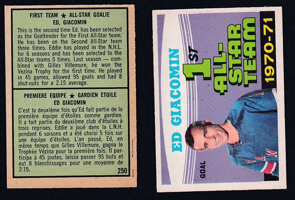 1971-72 O-PEE-CHEE HOCKEY CARD #250 FIRST TEAM ALL STAR: E. GIACOMIN photo 1971-72 O-PEE-CHEE HOCKEY CARD #250 FIRST TEAM ALL STAR: E. GIACOMIN photo