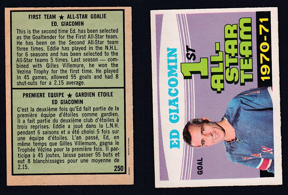 1971-72 O-PEE-CHEE HOCKEY CARD #250 FIRST TEAM ALL STAR: E. GIACOMIN photo 1971-72 O-PEE-CHEE HOCKEY CARD #250 FIRST TEAM ALL STAR: E. GIACOMIN photo