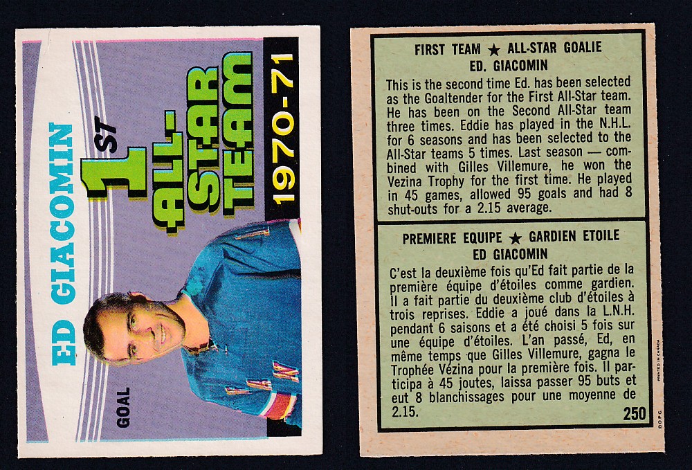 1971-72 O-PEE-CHEE HOCKEY CARD #250 FIRST TEAM ALL STAR: E. GIACOMIN photo 1971-72 O-PEE-CHEE HOCKEY CARD #250 FIRST TEAM ALL STAR: E. GIACOMIN photo