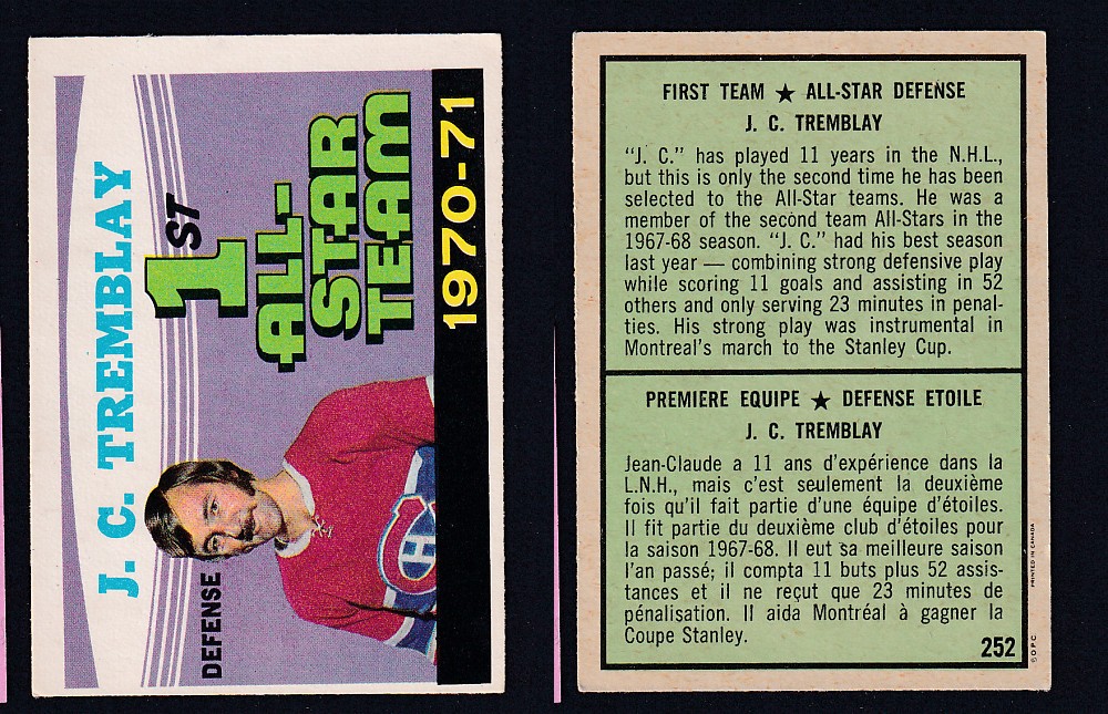 1971-72 O-PEE-CHEE HOCKEY CARD #252 FIRST TEAM ALL STAR: J.C. TREMBLAY photo 1971-72 O-PEE-CHEE HOCKEY CARD #252 FIRST TEAM ALL STAR: J.C. TREMBLAY photo