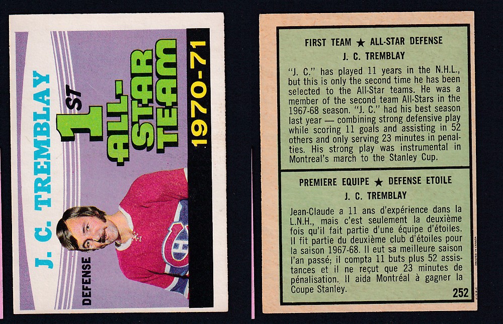 1971-72 O-PEE-CHEE HOCKEY CARD #252 FIRST TEAM ALL STAR: J.C. TREMBLAY photo 1971-72 O-PEE-CHEE HOCKEY CARD #252 FIRST TEAM ALL STAR: J.C. TREMBLAY photo