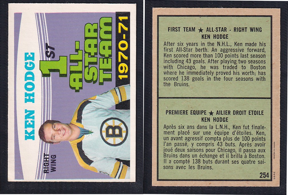 1971-72 O-PEE-CHEE HOCKEY CARD #254 FIRST TEAM ALL STAR: KEN HODGE photo 1971-72 O-PEE-CHEE HOCKEY CARD #254 FIRST TEAM ALL STAR: KEN HODGE photo