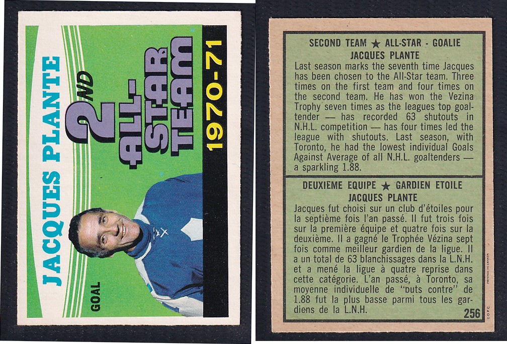 1971-72 O-PEE-CHEE HOCKEY CARD #256 SECOND TEAM ALL STAR: J. PLANTE photo 1971-72 O-PEE-CHEE HOCKEY CARD #256 SECOND TEAM ALL STAR: J. PLANTE photo
