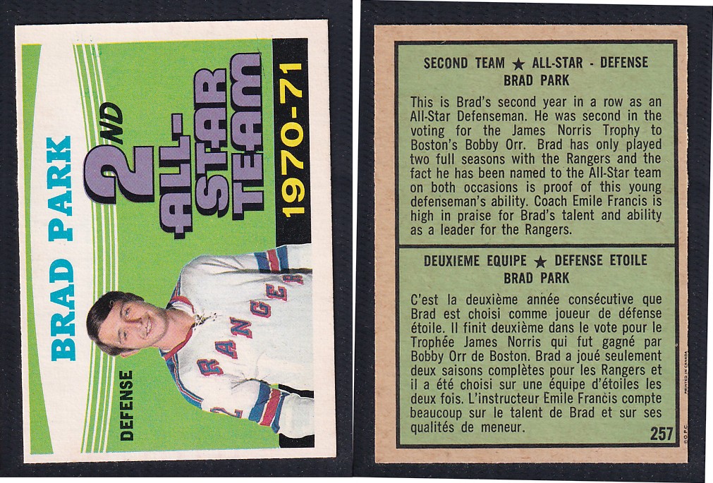 1971-72 O-PEE-CHEE HOCKEY CARD #257 SECOND TEAM ALL STAR: B. PARK photo 1971-72 O-PEE-CHEE HOCKEY CARD #257 SECOND TEAM ALL STAR: B. PARK photo