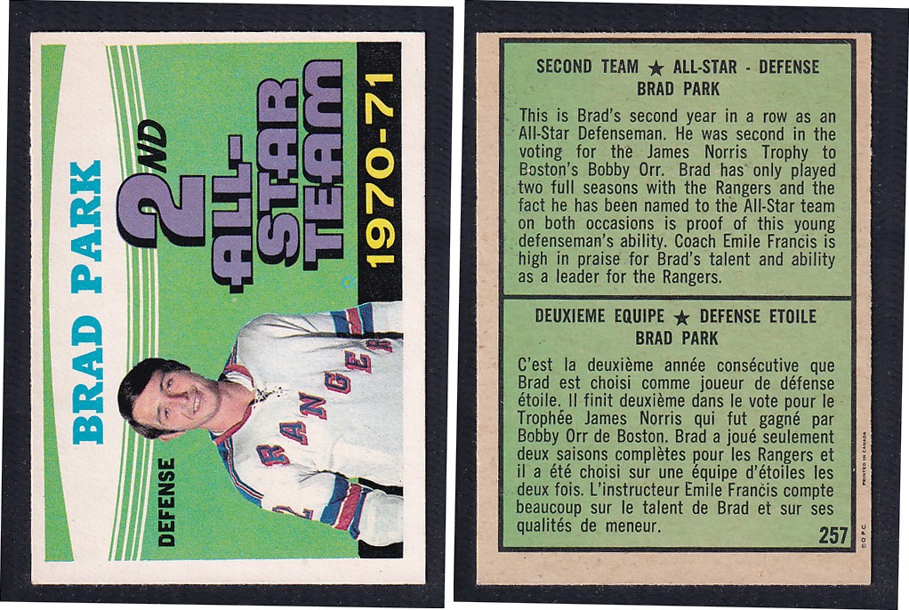 1971-72 O-PEE-CHEE HOCKEY CARD #257 SECOND TEAM ALL STAR: B. PARK photo 1971-72 O-PEE-CHEE HOCKEY CARD #257 SECOND TEAM ALL STAR: B. PARK photo