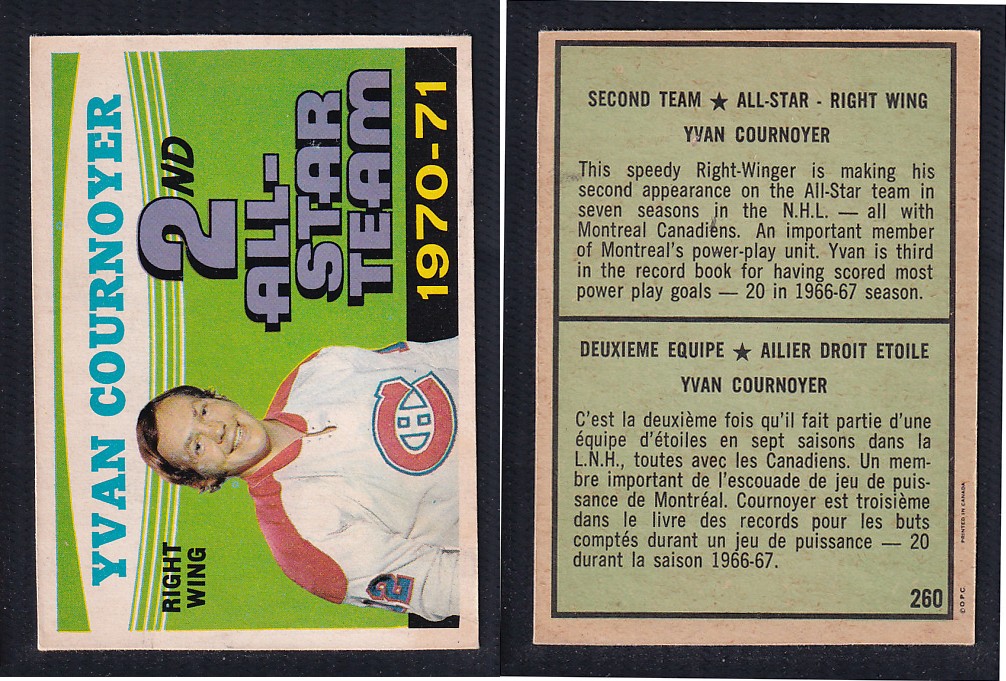 1971-72 O-PEE-CHEE HOCKEY CARD #260 SECOND TEAM ALL STAR: Y. COURNOYER photo 1971-72 O-PEE-CHEE HOCKEY CARD #260 SECOND TEAM ALL STAR: Y. COURNOYER photo