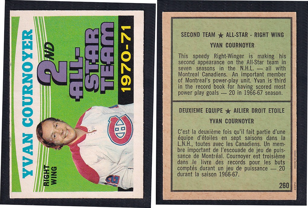 1971-72 O-PEE-CHEE HOCKEY CARD #260 SECOND TEAM ALL STAR: Y. COURNOYER photo 1971-72 O-PEE-CHEE HOCKEY CARD #260 SECOND TEAM ALL STAR: Y. COURNOYER photo