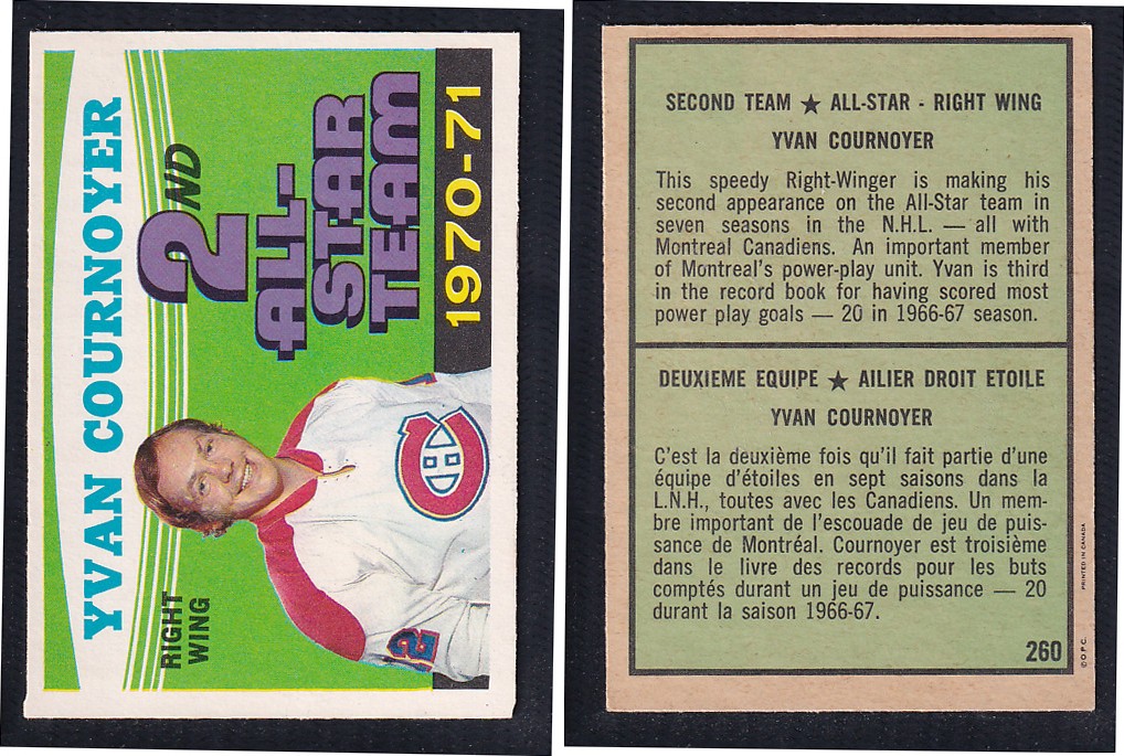 1971-72 O-PEE-CHEE HOCKEY CARD #260 SECOND TEAM ALL STAR: Y. COURNOYER photo 1971-72 O-PEE-CHEE HOCKEY CARD #260 SECOND TEAM ALL STAR: Y. COURNOYER photo