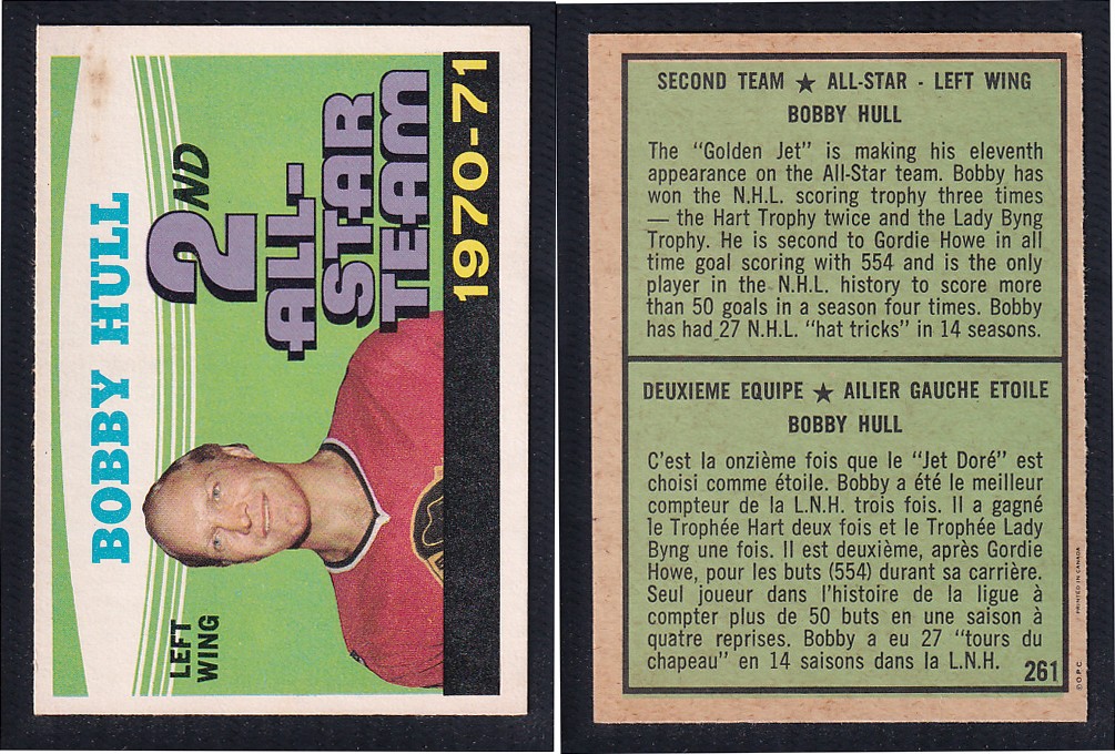 1971-72 O-PEE-CHEE HOCKEY CARD #261 SECOND TEAM ALL STAR: BOBBY HULL photo 1971-72 O-PEE-CHEE HOCKEY CARD #261 SECOND TEAM ALL STAR: BOBBY HULL photo