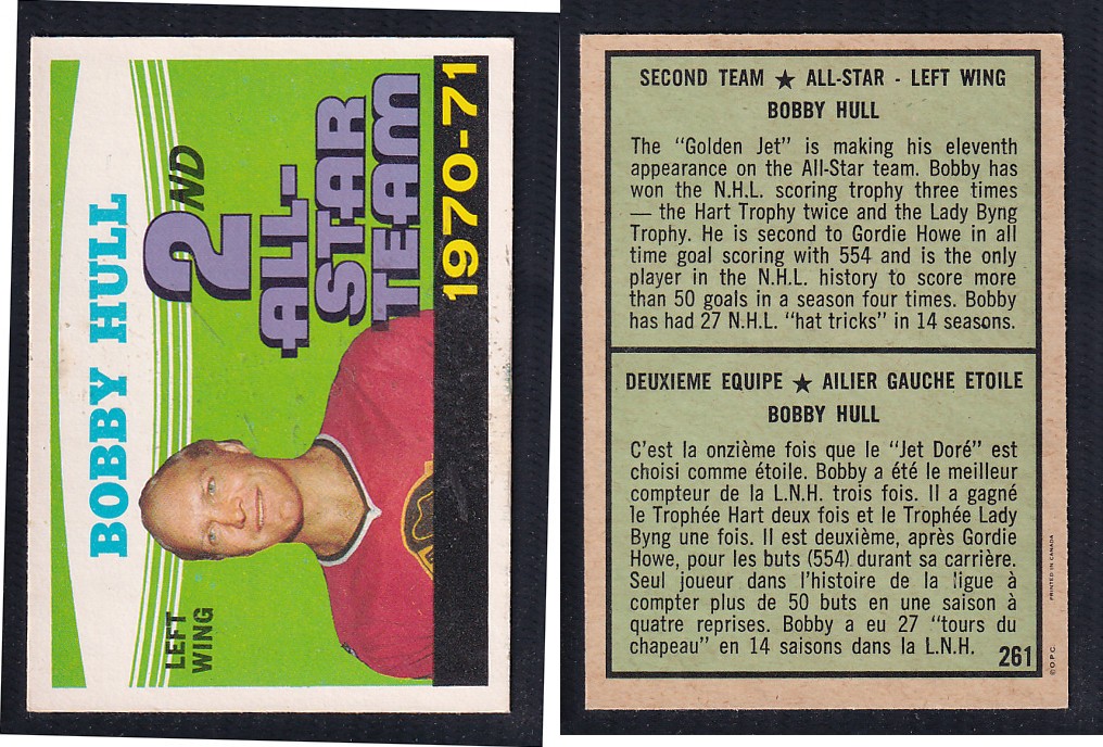 1971-72 O-PEE-CHEE HOCKEY CARD #261 SECOND TEAM ALL STAR: BOBBY HULL photo 1971-72 O-PEE-CHEE HOCKEY CARD #261 SECOND TEAM ALL STAR: BOBBY HULL photo