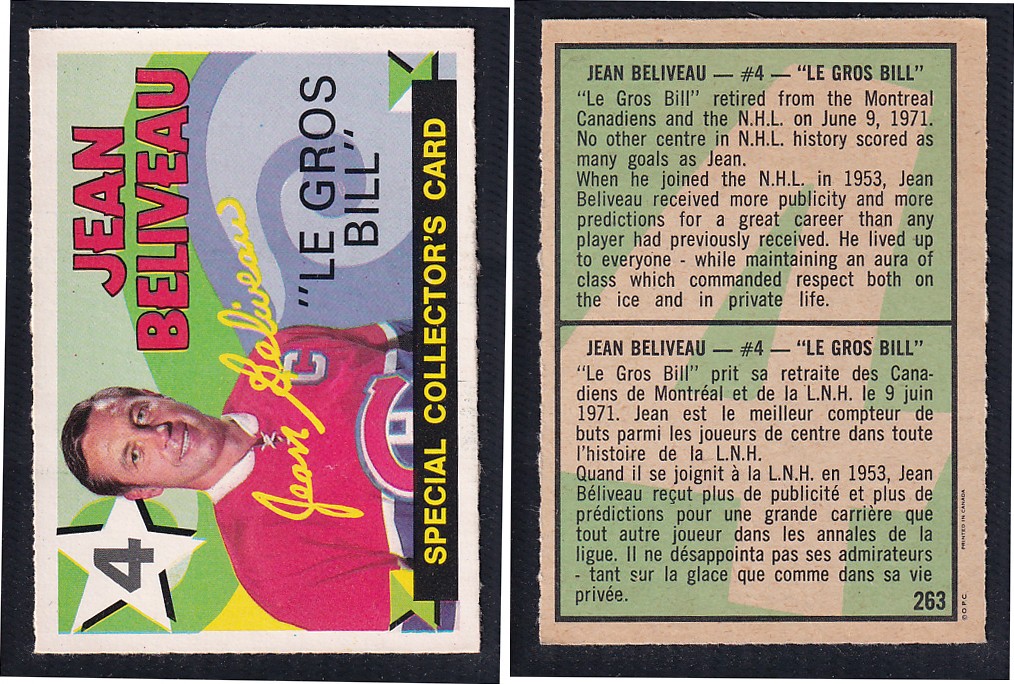 1971-72 O-PEE-CHEE HOCKEY CARD #263 JEAN BELIVEAU 1971-72 O-PEE-CHEE HOCKEY CARD #263 JEAN BELIVEAU
