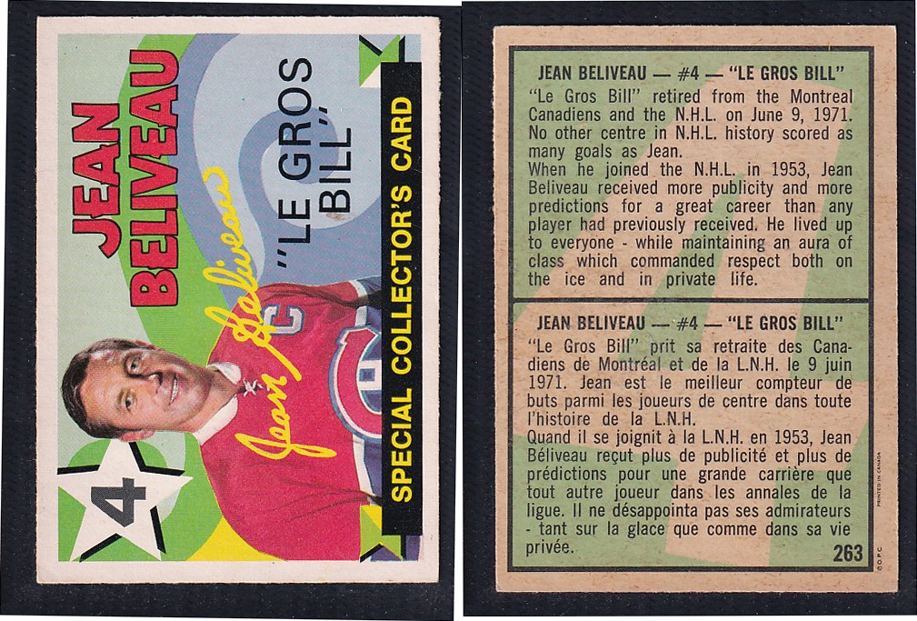 1971-72 O-PEE-CHEE HOCKEY CARD #263 JEAN BELIVEAU 1971-72 O-PEE-CHEE HOCKEY CARD #263 JEAN BELIVEAU