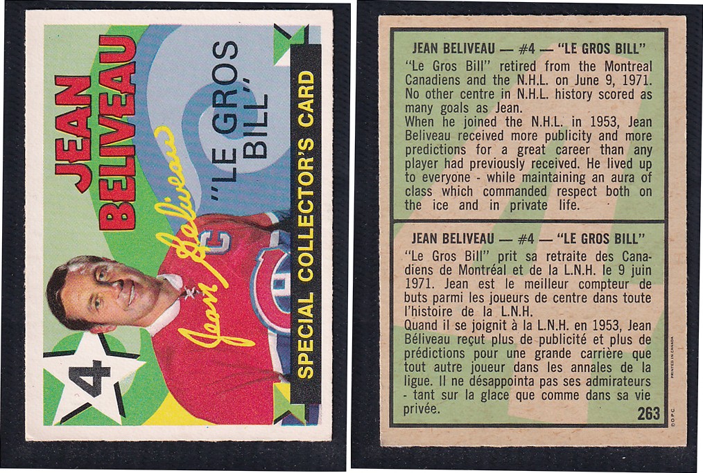 1971-72 O-PEE-CHEE HOCKEY CARD #263 JEAN BELIVEAU 1971-72 O-PEE-CHEE HOCKEY CARD #263 JEAN BELIVEAU
