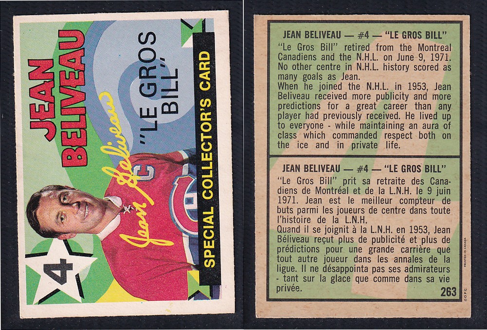 1971-72 O-PEE-CHEE HOCKEY CARD #263 JEAN BELIVEAU 1971-72 O-PEE-CHEE HOCKEY CARD #263 JEAN BELIVEAU