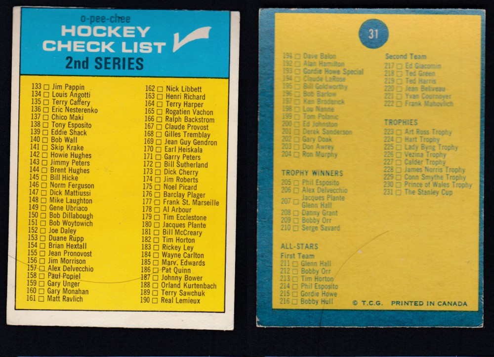 1969-70 O-PEE-CHEE HOCKEY CARD #31 CHECKLIST photo 1969-70 O-PEE-CHEE HOCKEY CARD #31 CHECKLIST photo