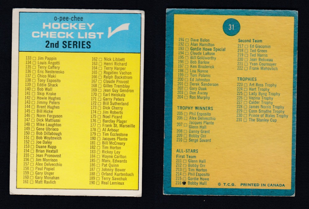 1969-70 O-PEE-CHEE HOCKEY CARD #31 CHECKLIST photo
