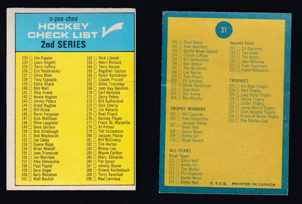 1969-70 O-PEE-CHEE HOCKEY CARD #31 CHECKLIST photo 1969-70 O-PEE-CHEE HOCKEY CARD #31 CHECKLIST photo