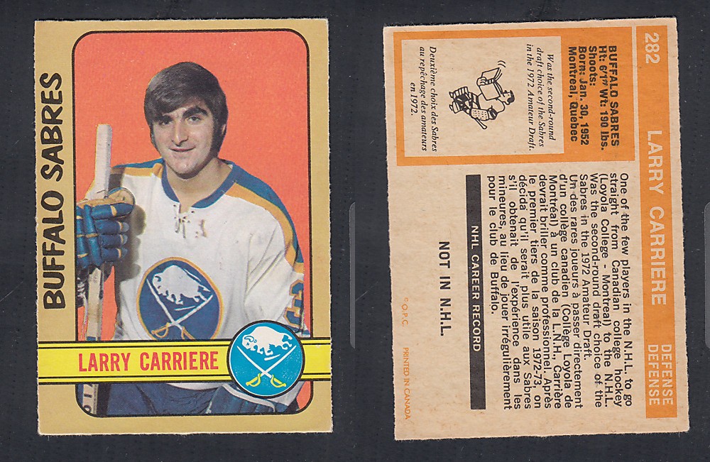 1972-73 O-PEE-CHEE HOCKEY CARD #282 L. CARRIERE photo 1972-73 O-PEE-CHEE HOCKEY CARD #282 L. CARRIERE photo