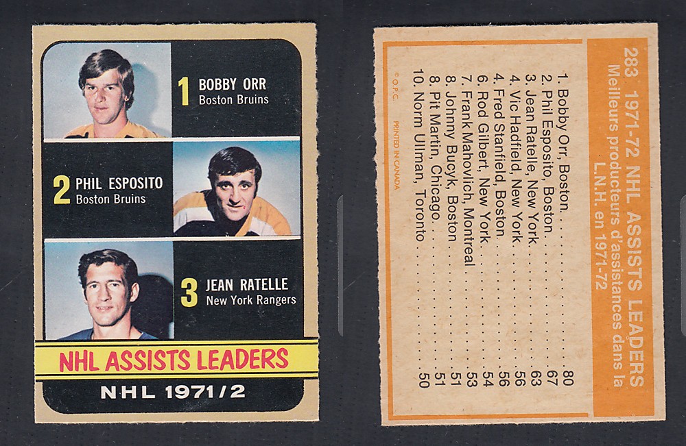 1972-73 O-PEE-CHEE HOCKEY CARD #283 NHL ASSISTS LEADERS photo 1972-73 O-PEE-CHEE HOCKEY CARD #283 NHL ASSISTS LEADERS photo
