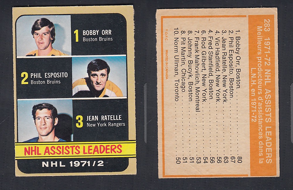 1972-73 O-PEE-CHEE HOCKEY CARD #283 NHL ASSISTS LEADERS photo