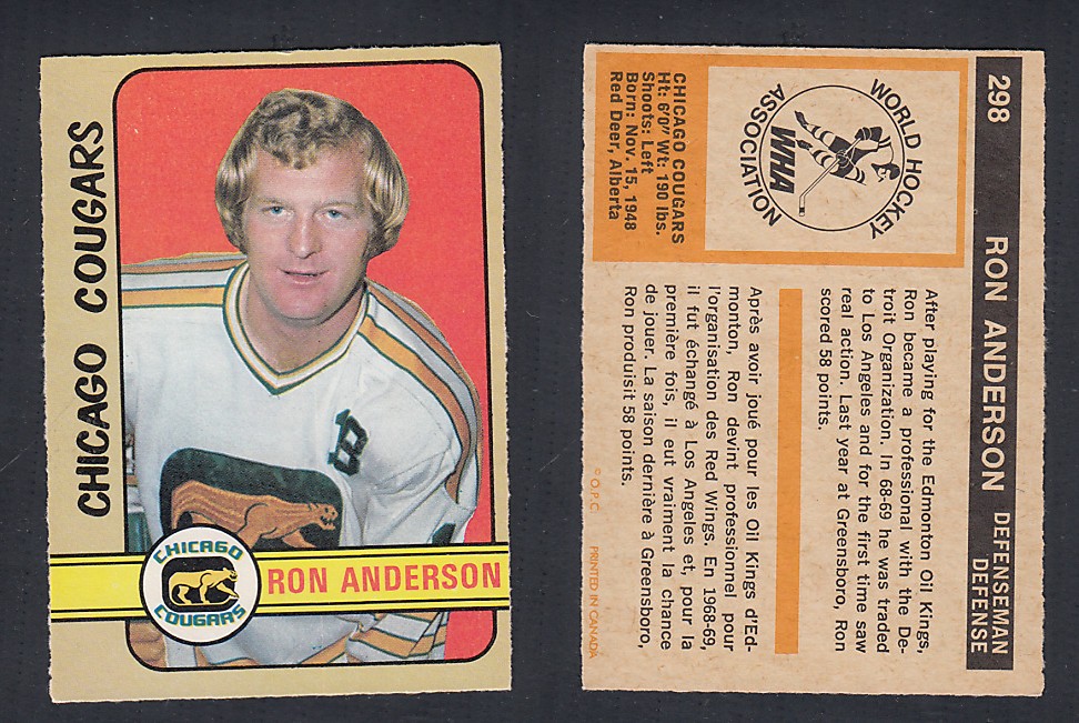 1972-73 O-PEE-CHEE HOCKEY CARD #298 R. ANDERSON photo 1972-73 O-PEE-CHEE HOCKEY CARD #298 R. ANDERSON photo