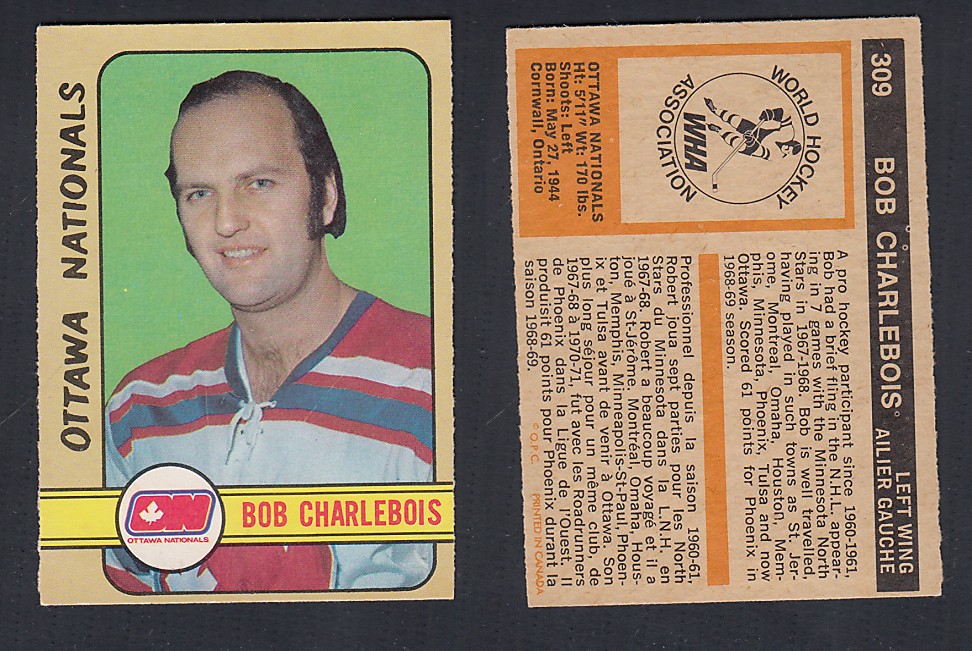 1972-73 O-PEE-CHEE HOCKEY CARD #309 B. CHARLEBOIS photo 1972-73 O-PEE-CHEE HOCKEY CARD #309 B. CHARLEBOIS photo