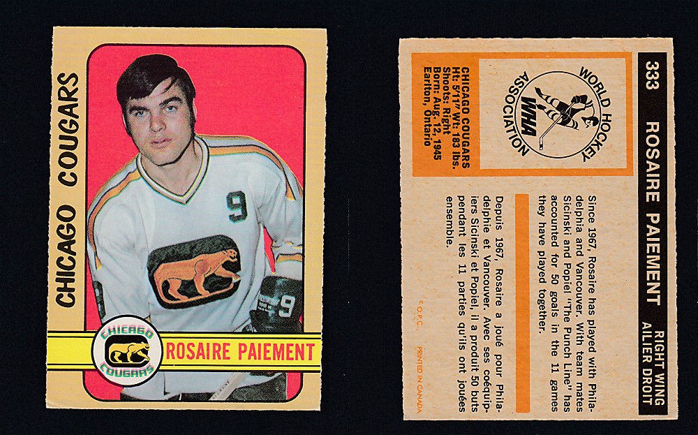 1972-73 O-PEE-CHEE HOCKEY CARD #333 R. PAIEMENT photo 1972-73 O-PEE-CHEE HOCKEY CARD #333 R. PAIEMENT photo