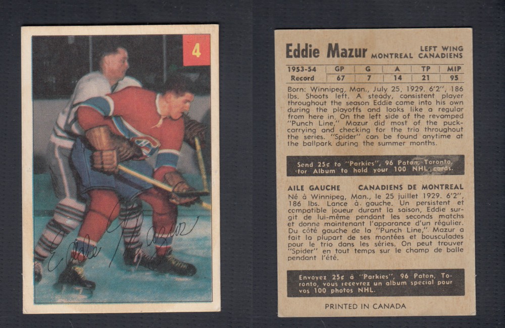 1954-55 PARKHURST HOCKEY CARD #4 E. MAZUR photo 1954-55 PARKHURST HOCKEY CARD #4 E. MAZUR photo