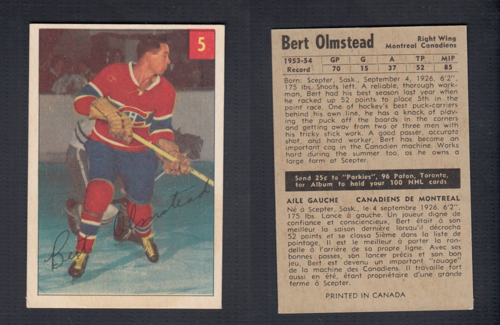 1954-55 PARKHURST HOCKEY CARD #5 B. OLMSTEAD photo 1954-55 PARKHURST HOCKEY CARD #5 B. OLMSTEAD photo