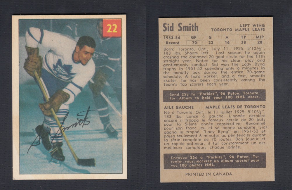 1954-55 PARKHURST HOCKEY CARD #22 S. SMITH photo 1954-55 PARKHURST HOCKEY CARD #22 S. SMITH photo