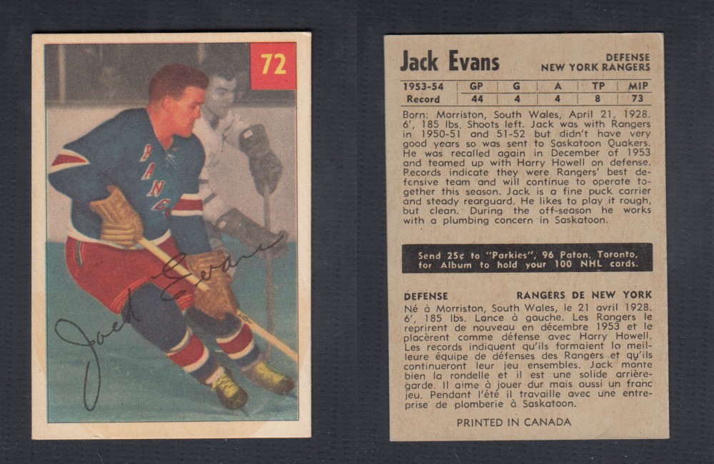 1954-55 PARKHURST HOCKEY CARD #72 J. EVANS photo 1954-55 PARKHURST HOCKEY CARD #72 J. EVANS photo