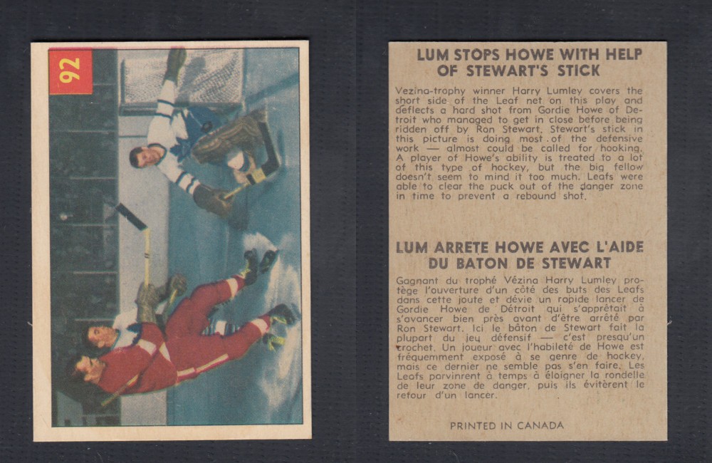 1954-55 PARKHURST HOCKEY CARD #92 LUM STOPS HOWE WITH STEWARTS STICK photo 1954-55 PARKHURST HOCKEY CARD #92 LUM STOPS HOWE WITH STEWARTS STICK photo