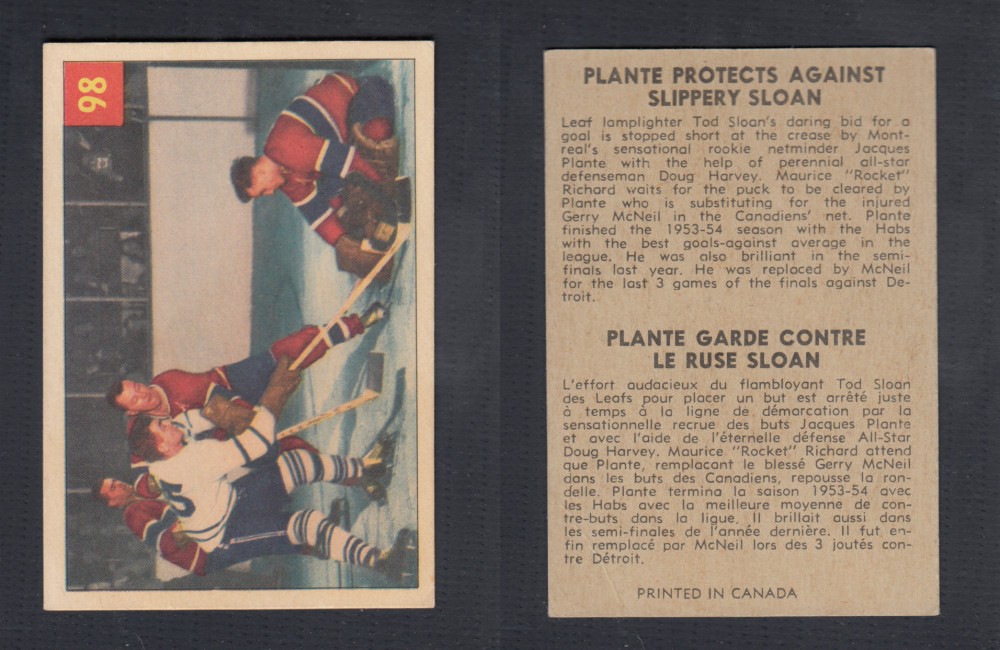 1954-55 PARKHURST HOCKEY CARD #98 PLANTE PROTECTS AGAINST SLIPPERY SLOAN photo 1954-55 PARKHURST HOCKEY CARD #98 PLANTE PROTECTS AGAINST SLIPPERY SLOAN photo
